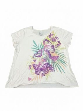 Just My Size White Tee with Purple & Teal Butterfly Design